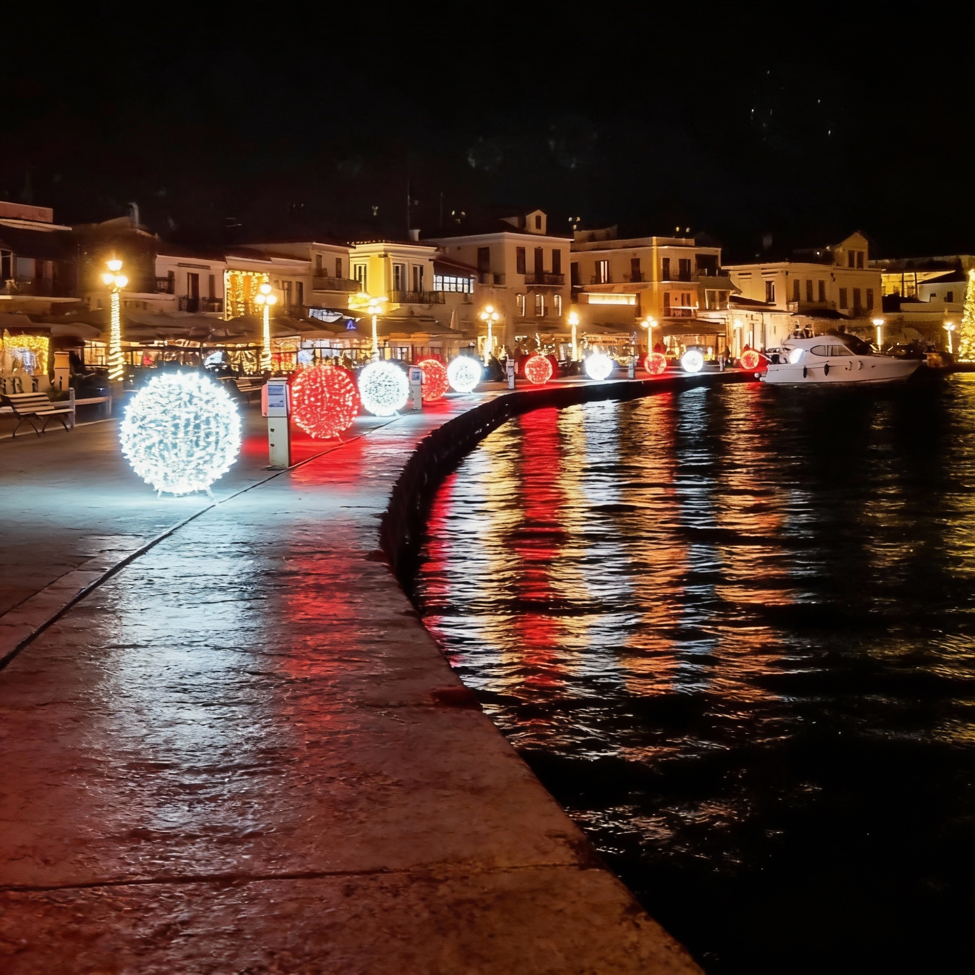 Navidad en el puerto de Egina de noche Grecia